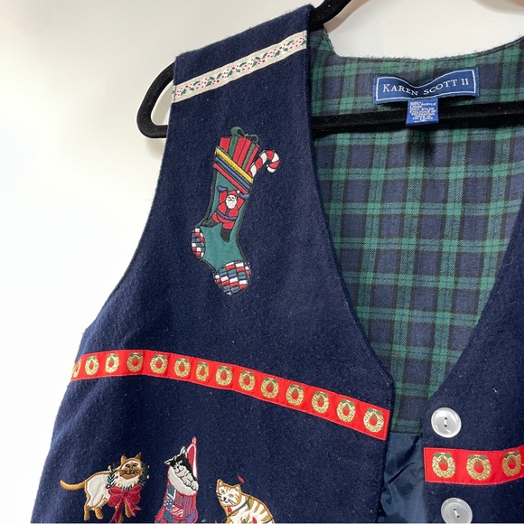 Navy Blue Grandmacore Y2K Karen Scott Christmas Cat Holiday Felt Vest 2X Plaid - Picture 6 of 7